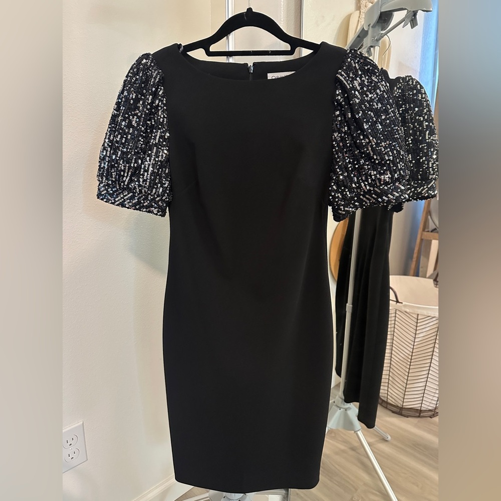 Calvin Klein Black Dress with Sequin Sleeves